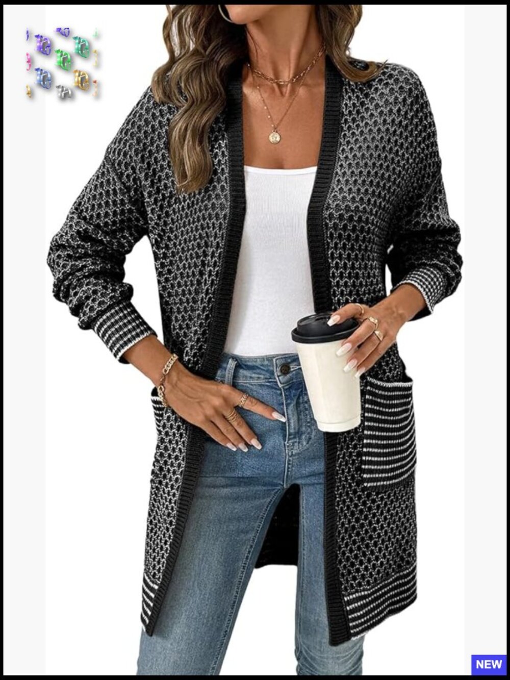 Chunky Hexagon Knit Cardigan Sweater Open Front Long Sleeve Cozy Fall Outfit